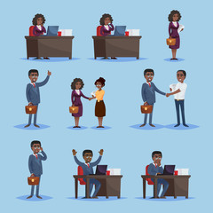 Vector illustration of African-American successful male and female businesspeople in cooperation. 