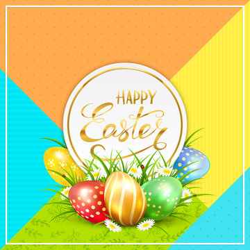 Colorful background with text Happy Easter and eggs in grass