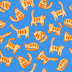 Seamless pattern with funny cats. Vector hand drawn illustration.