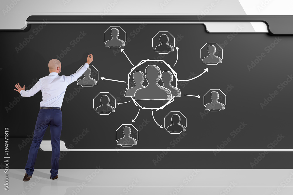 Poster businessman drawing social network sketch on a board 3d rendering