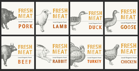 Labels with farm animals. Set templates price tags for shops and markets of organic food. Vector retro illustration art. Hand drawn animals.