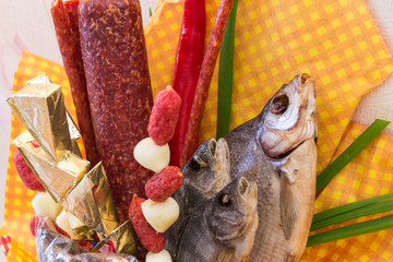 A bouquet for men to beer. Man's feast. Eating.