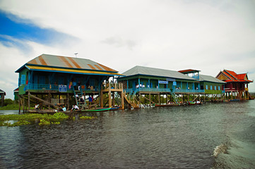 Traditional houses on stilts. Kampong Phluk village Siem Reap, Northern-central Cambodia