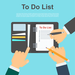 To do list concept. Hands of businessman mark fulfillment of tasks. Daily routine and planning, time management flat vector cartoon illustration. Objects isolated on background.
