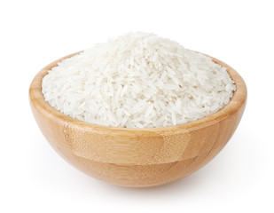 White long-grain rice in wooden bowl isolated on white background