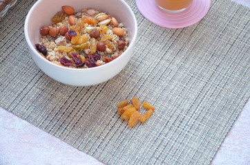 Healthy Breakfast: oatmeal, muesli, dried fruit top view