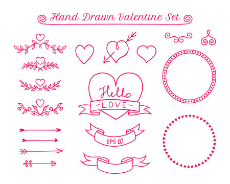 Valentine Day doodle elements. Collection of design elements for cards, invitations, etc. Vector illustration.