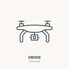 Drone flat line icon. Aerial survey device sign. Thin linear logo for photo equipment store.