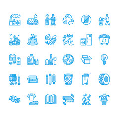 Recycling flat line icons. Pollution, recycle plant. Garbage sorting types - paper, glass, plastic, metal, flammable trash. Thin linear signs for waste management. Pixel perfect 64x64.