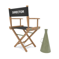 Wood director chair with black clothes with bullhorn on white background- 3D Illustration