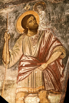 Byzantine fresco of Jesus Christ in the Narthex, detail from the monastery of St John The Theologian, Patmos island, Greece.