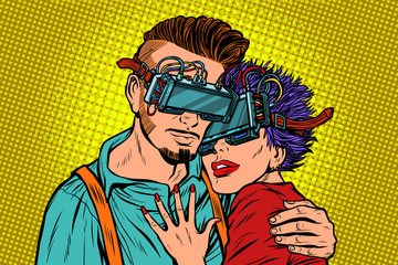 couple in love with virtual reality glasses