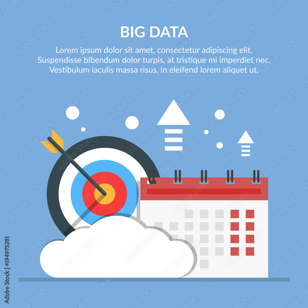 Poster big or significant date. image of calendar and target on background of cloud. flat vector illustrati
