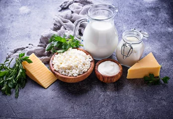 Fotobehang Assortment of various dairy products. © Yulia Furman