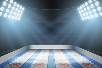 Horizontal Background of curling ice arena in the spotlight. Curling indoor rink. Editable Vector Illustration. - obrazy, fototapety, plakaty