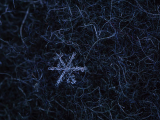 Beautiful detail of a snowflake, a single ice crystal in Paris winter, falls through the Earth's atmosphere as snow. Shining hexagonal crystals shape, used as a symbol of snow or crystal in science