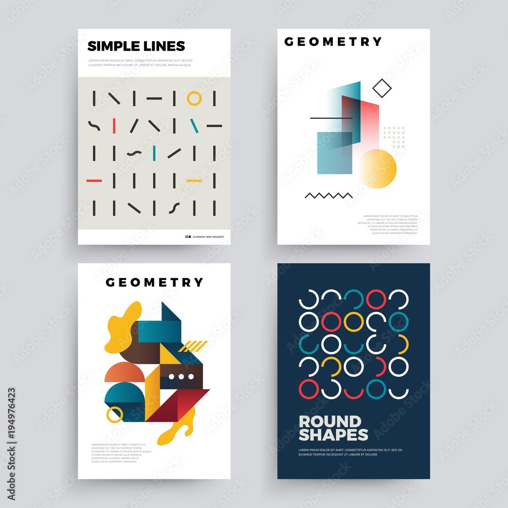 Poster set of abstract geometric 80's posters with simple shapes and retro colors.
