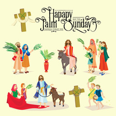 religion holiday palm sunday before easter, celebration of the entrance of Jesus into Jerusalem, happy people with palmtree leaves vector illustration,man Rides Donkey, kids and woman greetings Christ