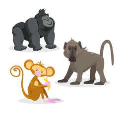 Cartoon trendy style african apes set. Gorilla, baboon and monkey with banana. Closed eyes and cheerful mascots. Vector wildlife illustrations.