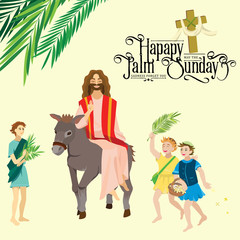 religion holiday palm sunday before easter, celebration of the entrance of Jesus into Jerusalem, happy people with palmtree leaves vector illustration, man Rides Donkey, childrens greetings Christ