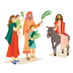 religion holiday palm sunday before easter, celebration of the entrance of Jesus into Jerusalem, happy people with palmtree leaves vector illustration, man Rides Donkey, family greetings Christ