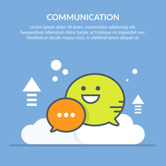Speech bubble. Communication. Concept flat vector illustration on a background of clouds and blue background.