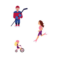 Vector flat adult man, young woman kid girl doing sports set. Sportive lifestyle family, father ice hockey player, mother roller skating, daughter child riding bicycle. Isolated illustration