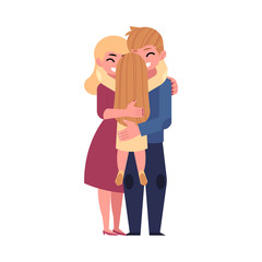 Parents, mom and dad, hugging their little daughter, loving family, flat cartoon vector illustration isolated on white background. Full length portrait of family, mother, father and daughter, hugging