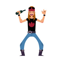Young rock musician, singer, band leader holding a beer bottle, cartoon vector illustration isolated on white background. Full length front view portrait of rock singer, bandleader, musician
