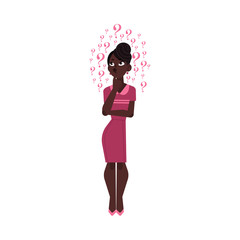 Vector flat young cute black african adult woman in purple dress. Beautiful character standing thoughtful pose holding chin thinking with questions above head. Isolated background illustration