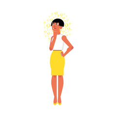 Vector flat young cute caucasian adult woman in yellow skirt. Beautiful character standing thoughtful pose holding chin thinking with questions above head. Isolated background illustration