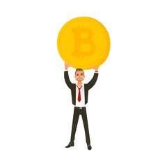 Man, businessman in business suit holding a giant coin with BTC symbol, flat cartoon vector illustration isolated on white background. Full length portrait of businessman holding a giant bitcoin