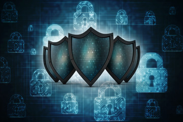 Fototapeta premium 3d illustration Security concept - shield on digital code background