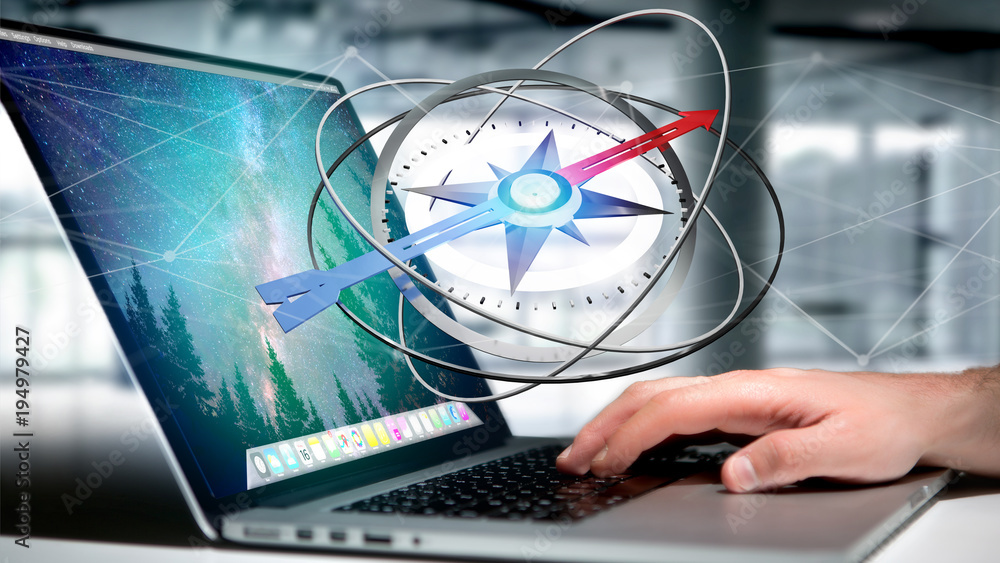 Poster business man using a navigation compass on a laptop - 3d rendered