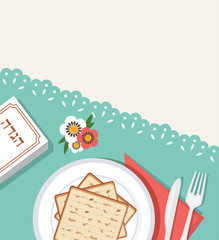 traditional passover table for Passover dinner with passover plate and Hagaddah story. vector illustration template design
