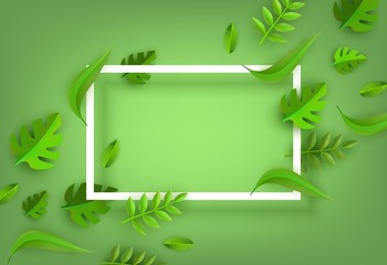 Vector green leaves frame background template, white rectangle. Abstract natural decoration pattern. Summer tropucal exotic jungle. Fern monstera paradise resort, holiday vacation, poster illustration © sabelskaya