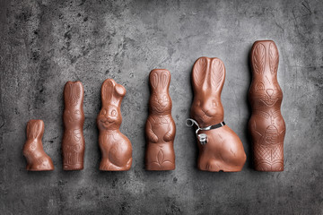 Variety of chocolate Easter bunnies on rustic background © and.one