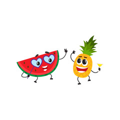 Vector flat fruit characters summer party set. funny happy watermelon in fancy heart glasses, pineapple holding cocktail glass. Summer vacation, party poster. Isolated illustration, white background.