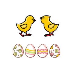 vector flat easter chicken eggs and yellow chicks icon set. Spring holiday, poutry farm organic food symbols for your design. Isolated illustration on a white background