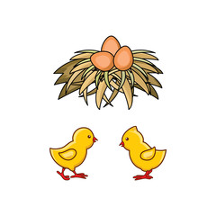 vector cartoon hand drawn yellow colored small chicks and brown egg in hay nest. Isolated illustration on a white background. Farm poultry chicken objects for advertising, poster design