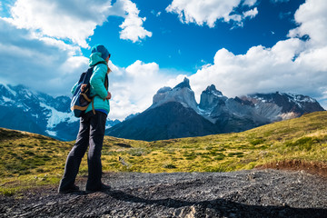 Hiker on the trail in Torres del Paine National Park, Chile