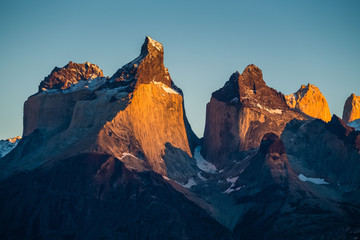 Cuernos Towers during sunrise. Torres del Paine National Park, Chile