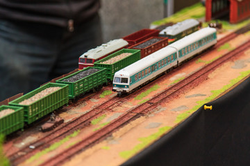 Train hobby model with railways, trees, grass and stations