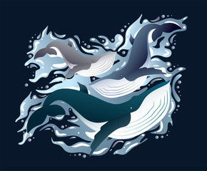 Whales family sleek illustration set