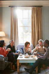 Group Of Middle Aged Friends Meeting Around Table In Coffee Shop