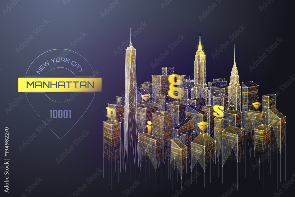 Aufkleber abstract image of landscape of the manhattan consisting of points, lines, and shapes in the form of 