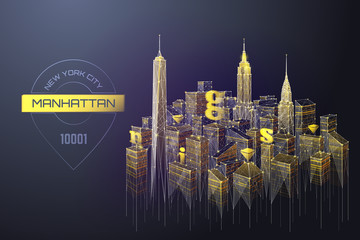 Abstract image of landscape of the Manhattan consisting of points, lines, and shapes in the form of planets, stars and the universe. Vector New York wireframe concept.