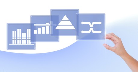 Hand touching business chart statistic icons