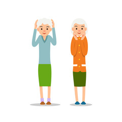 Old woman. Two senior stand with his arms up, his head in hands. Illustration isolated on white background in flat style. Full length portrait of old ladies, senior or grandmother