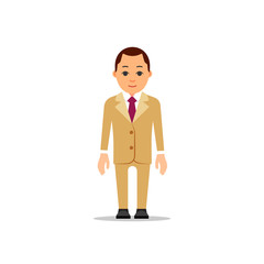 Obraz premium Business man. Businessman stand and his hands are lowered. Light brown suit, shirt and tie. Illustration in flat style. Isolated on white background